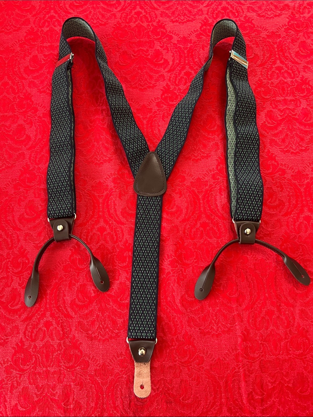 Vintage Trafalgar Men’s Suspenders Blue Green Leather Button Braces Made USA